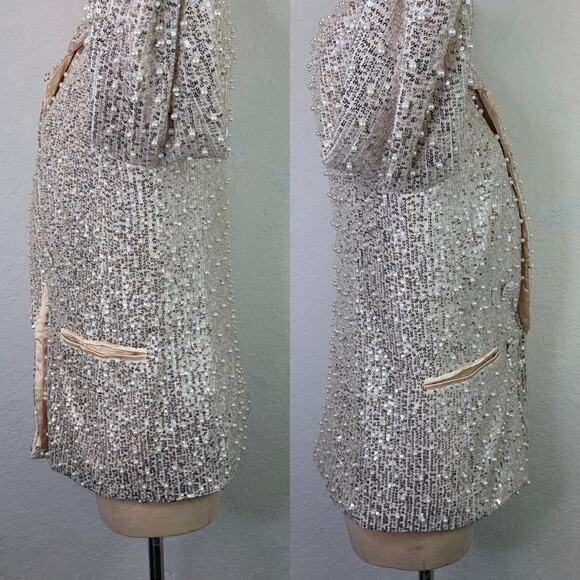 Mable Sequined Faux Pearl Beaded Champagne Blazer Lined Size S, shiny, party - Picture 8 of 9